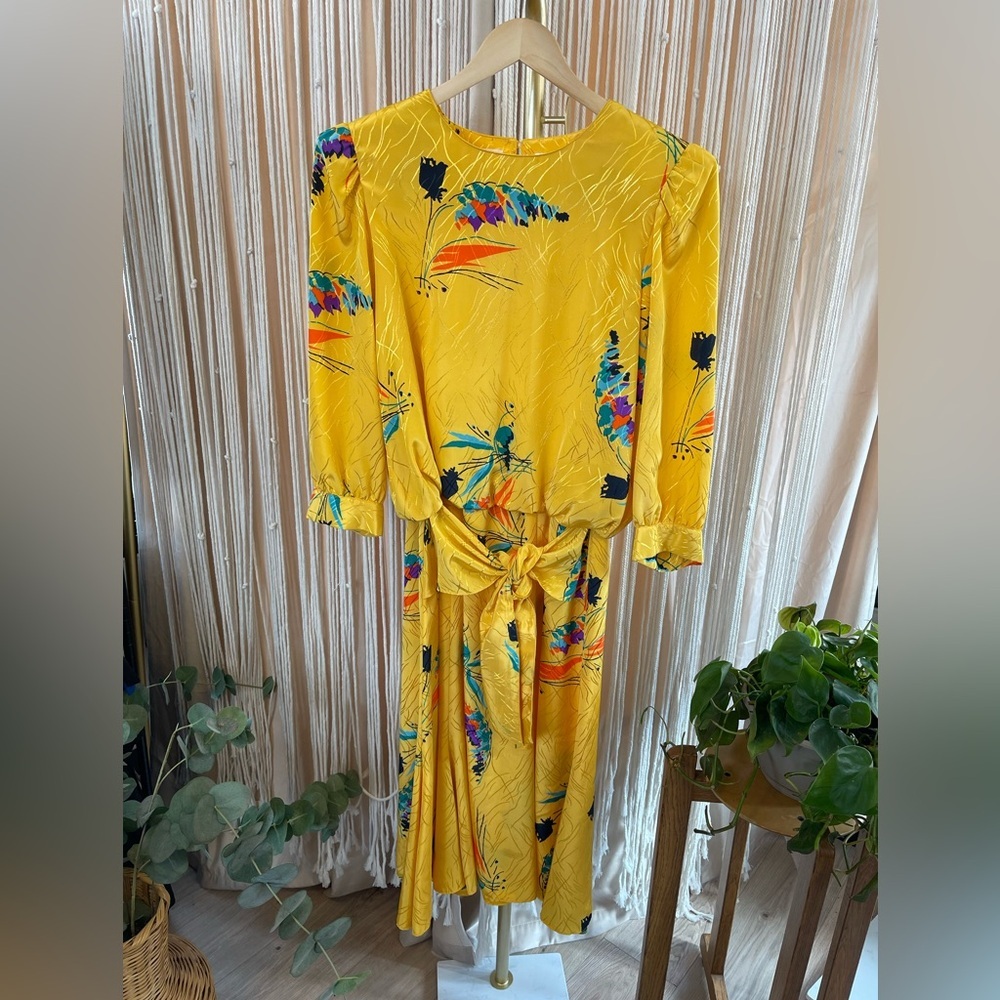 1980s/1990s vintage David Warren New York Floral Yellow Dress 3/4 sleeve
